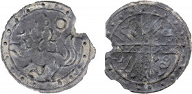 BRUNEI: Anonymous, 18th century, tin pitis (2.09g), SS-7A, jackal facing left // Arabic legend al-muzahir / ... / fi balad / al-biruni, with the secon...