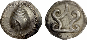 HAMSAVATI: ca. 5th century, AR unit (9.86g), Mahlo-15b, conch shell, with tentacles at the top, open to the left // srivatsa, ankusa & crescent inside...