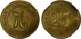 CAMBODIA: 25 centimes token, ND (1860-1906), KM-Tn4, Lec-104, brass token struck for the Royal Palace in Phnom Penh, a lovely mint state example! NGC ...