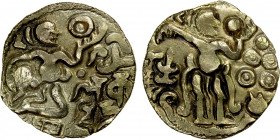 CEYLON (MEDIEVAL): Anonymous, ca. 990-1070, AV stater (4.38g), Mitch-825, king running, holding conch, legend sri lanka vighu to left // king standing...
