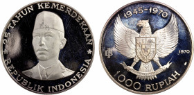 INDONESIA: Republic, AR 1000 rupiah, 1970, KM-27, 55mm, 25th Anniversary of Independence-General Sudiman, hairlined, Proof.
Estimate: $180-260