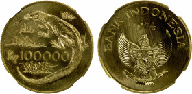 INDONESIA: Republic, AV 100,000 rupiah, 1974, KM-41, Conservation Series - Komodo Dragon, struck at the British Royal Mint, NGC graded MS67.
Estimate...