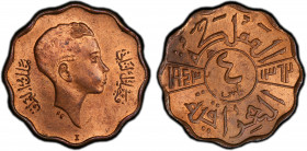 IRAQ: Faisal II, 1939-1958, AE 4 fils, 1943-I/AH1362, KM-107, a wonderful quality example! PCGS graded MS64 RB. Struck at the Bombay Mint, India.
Est...