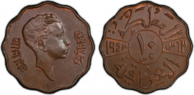 IRAQ: Faisal II, 1939-1958, AE 10 fils, 1943-I/AH1362, KM-108, a lovely quality example! PCGS graded MS63 BN. Struck at the Bombay Mint, India.
Estim...