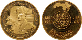 IRAQ: Republic, AV 100 dinars, 1980/AH1400, KM-M2, Battle of al-Qadisiyyah, bust of Saddam Hussein, Proof, RR.
Estimate: $2400-2800