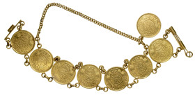 SAUDI ARABIA: AV coin bracelet (80.55g), composed of 8 AV guineas (KM-36, AH1370, all AU or better) concatenated with gold chains and fastened with a ...