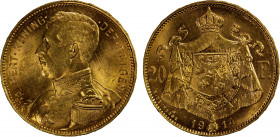 BELGIUM: Albert I, 1909-1934, AV 20 francs, 1914, KM-79, Flemish legend, Position A, a couple small marks, Unc.
Estimate: $375-425