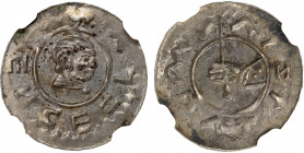 BOHEMIA: Wratislaus II, 1061-1092, AR denar (0.71g), Cach-353, bust right, legend WENCESLAS // hand with staff, legend WRALIZLVS, NGC graded MS63. The...