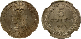 BULGARIA: Ferdinand I, as Prince, 1887-1908, 5 stotinki, 1888, KM-9, one-year type, NGC graded MS65.
Estimate: $250-350