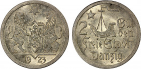 DANZIG: Free City, AR 2 gulden, 1923, KM-146, Y-9, small obverse spot, one-year type, Choice AU.
Estimate: $175-225