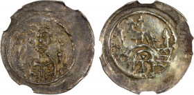 FRANCE: ALSACE: Anonymous, AR pfennig (0.63g), Seltz or Strassbourg, ND (ca. 1100-1300), deMey-189/206, bishop's bust facing // pascal lamb atop city ...