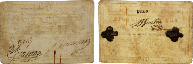 FRANCE: playing card money (3 sols), 1792, Opitz p.261, 82 x 55mm, billet de con...