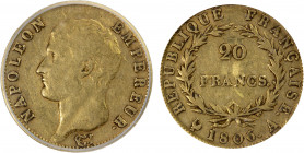 FRANCE: Napoleon I, as Emperor, 1804-1814, AV 20 francs, 1806-A, KM-574.1, F-513, one-year type, ICG graded F15.
Estimate: $375-425
