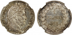 FRANCE: Louis Philippe, 1830-1848, AR franc, Paris mint, 1847-A, KM-748.1, a lovely example with mottled toning, NGC graded MS64+. Only one example of...
