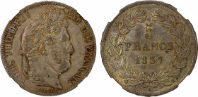 FRANCE: Louis Philippe, 1830-1848, AR 5 francs, Rouen mint, 1837-B, KM-749.2, superb rainbow toning around the devices, a very attractive example, NGC...