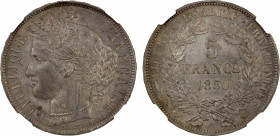 FRANCE: Second Republic, AR 5 francs, Paris mint, 1850-A, KM-761.1, Ceres head, a choice deeply toned example, NGC graded MS62.
Estimate: $300-400