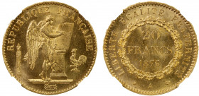 FRANCE: Third Republic, AV 20 francs, Paris mint, 1876-A, Fr-533, a superb example, NGC graded MS65+.
Estimate: $400-500