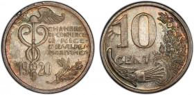 FRANCE: Third Republic, AR 10 centimes, 1920, Elie-1.8, off metal strike in silver, CHAMBRE de COMMERCE de NICE et des ALPES MARITIMES beside caduceus...