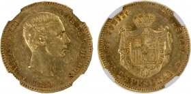 SPAIN: Alfonso XII, 1874-1885, AV 25 pesetas, 1880 (80), KM-673, Cal-10, mint official initials MSM, NGC graded AU53.
Estimate: $450-550
