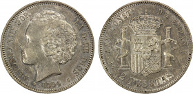 SPAIN: Alfonso XIII, 1885-1931, AR 2 pesetas, 1894, KM-704, AC-86, initials PGV, one-year type, unusually nice for this type, EF.
Estimate: $250-350