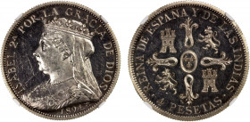 SPAIN: Fantasy Issues, AR 4 pesetas, 1894, fantasy issue in the name of the former monarch Isabel II (1830-1904), a rare type with a low mintage of ju...
