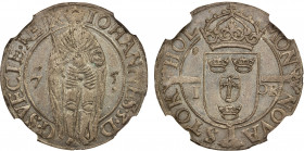 SWEDEN: Johan III, 1568-1592, AR öre, 1575, SM-71, full-armored and mantled standing figure of King Johan III // crowned shield with the three crowns ...
