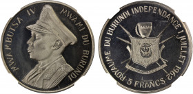 BURUNDI: Mwambutsa IV, 1962-1966, AR 5 francs, 1962, KM-1a, Independence Commemorative, PCGS graded Proof 66 Cameo. A rarely encountered modern commem...