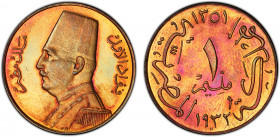 EGYPT: Fuad I, as King, 1922-1936, AE millieme, 1932/AH1351-H, KM-344, wonderful coloration, a lovely example! PCGS graded Specimen 65RB, ex King's No...
