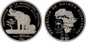 EQUATORIAL GUINEA: Republic, AR 15000 francos, 1992, KM-79, ASW 27.4724 oz, Endangered Wildlife-African Elephants, in plush wooden box (material insid...