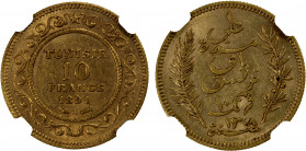 TUNISIA: French Protectorate, AV 20 francs, 1891/AH1308-A, KM-227, an attractive lustrous example, NGC graded AU55.
Estimate: $375-425