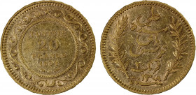 TUNISIA: French Protectorate, AV 20 francs, 1891-A/AH1308, KM-227, cleaned, EF.
Estimate: $350-400