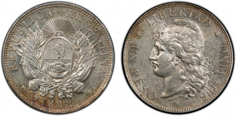 ARGENTINA: Republic, AR peso, 1882, KM-29, lustrous, a touch of peripheral tonin...