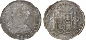 BOLIVIA: Carlos III, 1759-1788, AR 8 reales, Potosi, 1780, KM-55, assayer PR, an absolutely stunning example, NGC graded MS63. The finest and sole min...