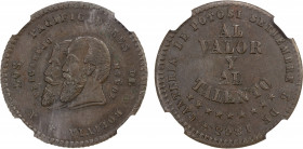 BOLIVIA: Republic, AE ½ melgarejo, 1865, KM-Pn6, copper pattern, conjoined busts of Melgarejo and Muñoz facing left, NGC graded AU58 BN.
Estimate: $1...
