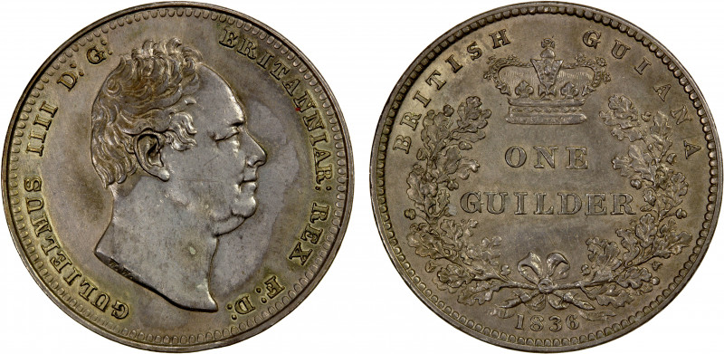 BRITISH GUIANA: William IV, 1830-1837, AR guilder, 1836, KM-25, uneven toning, o...
