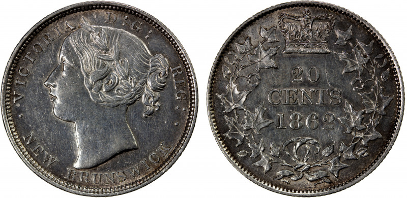 NEW BRUNSWICK: Victoria, 1837-1901, AR 20 cents, 1862, KM-9, hairlines, EF-AU.
...