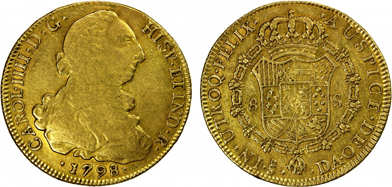 CHILE: Carlos IV, 1788-1808, AV 8 escudos, 1798-So, KM-54, initials DA, lightly ...
