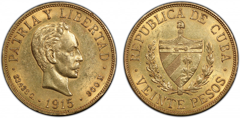 CUBA: Republic, AV 20 pesos, 1915, KM-21, PCGS graded AU58. Designed by Charles ...