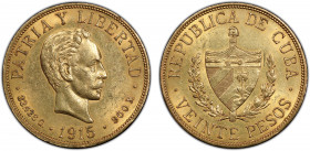 CUBA: Republic, AV 20 pesos, 1915, KM-21, PCGS graded AU58. Designed by Charles Edward Barber, chief engraver of the US Mint and struck at the Philade...