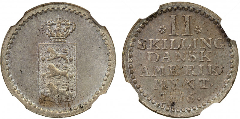 DANISH WEST INDIES: Frederik VI, 1808-1839, BI 2 skilling, 1816, KM-13, key date...