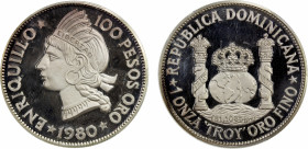 DOMINICAN REPUBLIC: Republic, AR 100 pesos, 1980, Bruce-X3a, medallic issue, Enriquillo, estimated mintage of only 40 pieces, PCGS graded Proof 68 DCA...