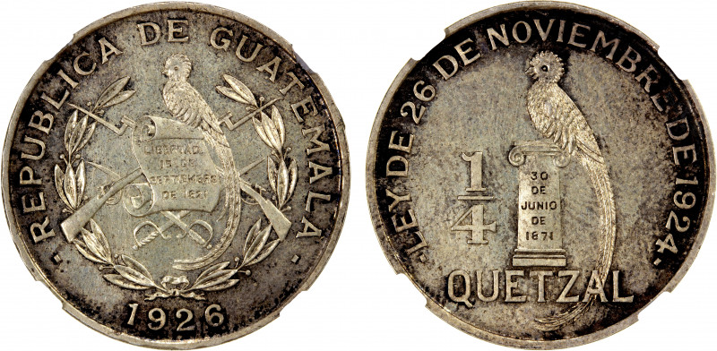 GUATEMALA: Republic, AR ¼ quetzal, 1926, KM-243, struck at the British Royal Min...