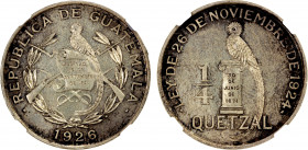 GUATEMALA: Republic, AR ¼ quetzal, 1926, KM-243, struck at the British Royal Mint, rare in proof, NGC graded Proof 64, R.
Estimate: $2000-2500