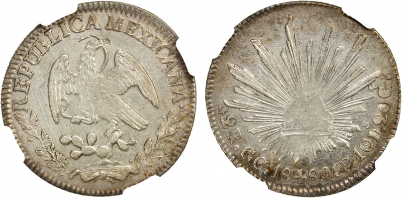 MEXICO: Republic, AR 2 reales, 1848-GC, KM-374.7, assayer MP, cleaned, NGC grade...