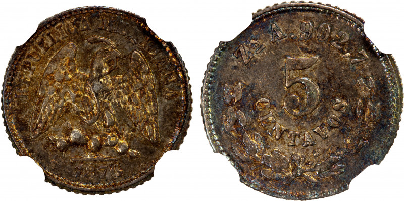 MEXICO: Republic, AR 5 centavos, 1876-Zs, KM-398.10, assayer A, key date/assayer...