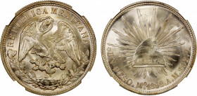 MEXICO: Republic, AR peso, 1898-Mo, KM-409.2, El-1033, assayer AM, 1949 restrike made in San Francisco, reverse with 134 beads, spectacular luster wit...