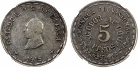 MEXICO: Revolutionary Issue, AR 5 pesos, Oaxaca, 1915, KM-751, 7th bust, short truncation with closed lapels, variety with 2 below P, TM below on reve...