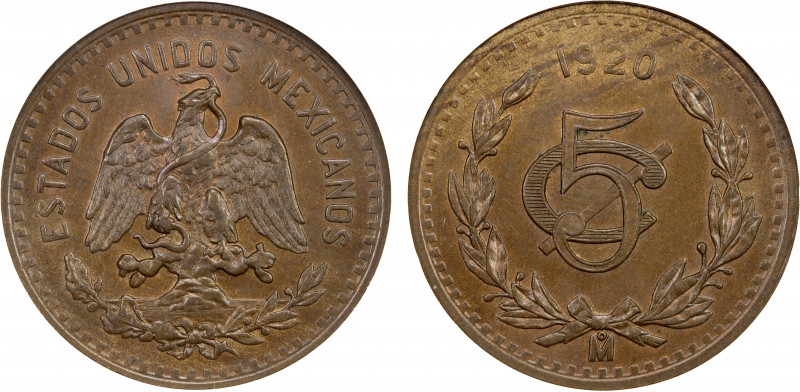 MEXICO: Estados Unidos, AE 5 centavos, 1920-Mo, KM-422, a choice example, housed...