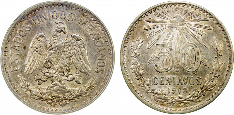 MEXICO: Estados Unidos, AR 50 centavos, 1908-M, KM-445, in older PCGS green hold...