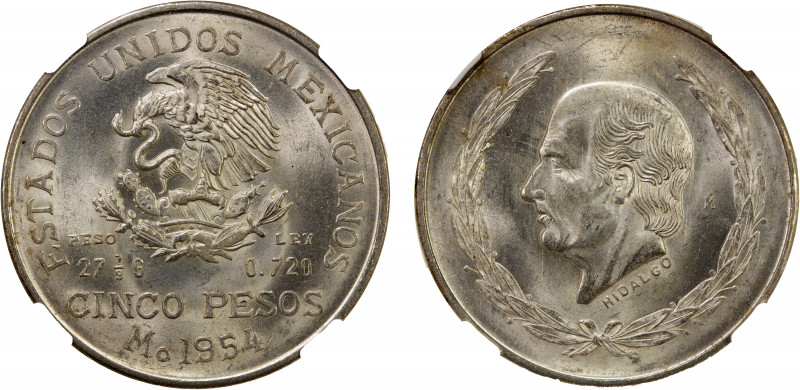 MEXICO: Estados Unidos, AR 5 pesos, 1954-Mo, KM-467, El-1068, lustrous, key date...